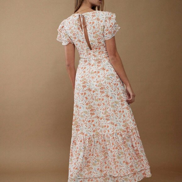 Yellow Floral Print Women's V Neck Maxi Dress with Flutter Sleeve - Picture 2 of 5